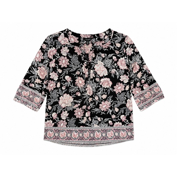 Lucky Brand Tops - Lucky Brand Women's Floral Border Print Peasant Blouse 3/4 Sleeve Black Pink 1X